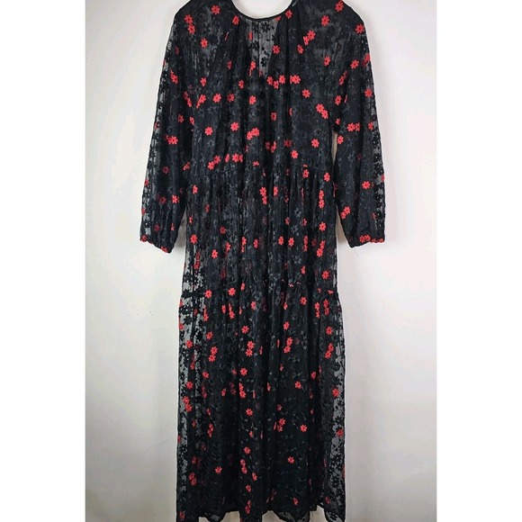Zara Dresses & Skirts - Zara Floral Oversized Long Sleeve Black Red Maxi Dress Sheer Lace Flowers XS